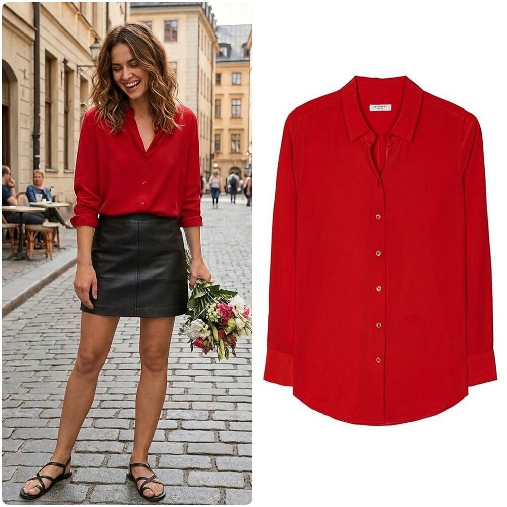 NWT Equipment Essential 100% Silk Button Down Shirt Blouse in Red Nouveau Size S